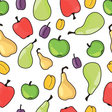 Meyveli desen. Armut ve erik hasadı. El çizimi. Kartpostallara basmak, kıyafet ve kağıda basmak. Web sitesi ya da fotoğraf için arka plan. Hediye dekorasyonu. Duvar kağıdı ya da perde fikri. Kafelerin ve mutfakların dekorasyonu