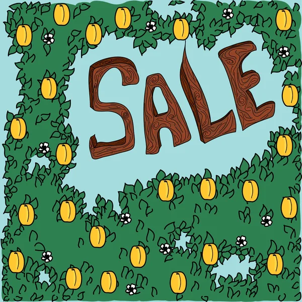 Bahçe desenli erik satışı. El çizimi ve el çizimi. Adil. Çiftlikten hasat. Eko ürünleri. Doğal taze meyveler