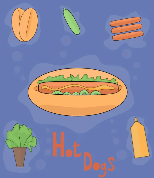 Hot Dog Recette Tous Les Ingrédients Nourriture Rue Processus Préparation — Image vectorielle