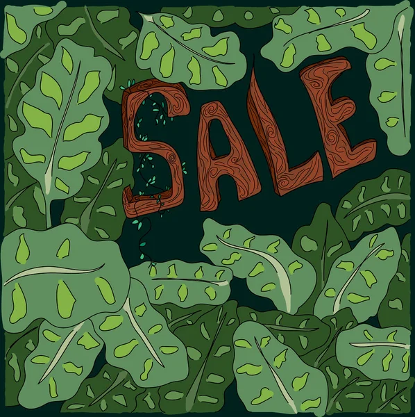 Büyük tropikal yapraklı indirimli desen. El çizimi. Çiftlikten hasat. Eko ürünleri. Doğal taze meyveler