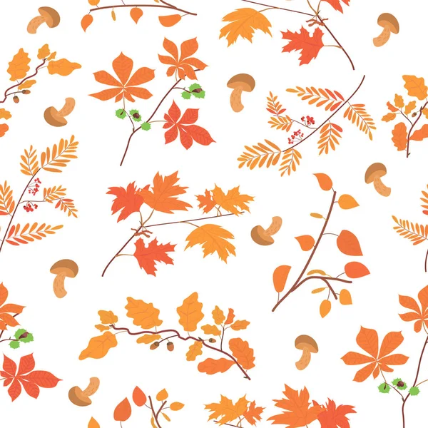 Pattern Autumn Foliage Mushrooms Tree Branches Oak Maple Birch Chestnut — Stock Vector