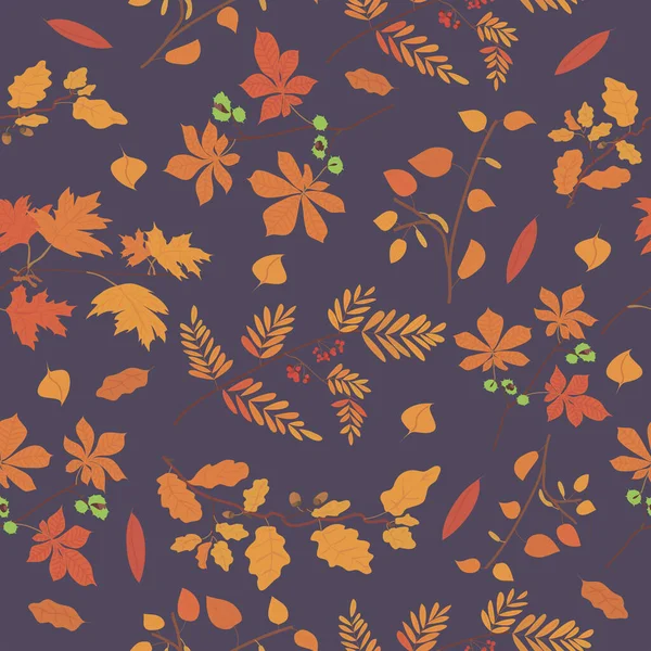 暗い背景に紅葉の模様があります 紫色の背景にオレンジと黄色と赤の葉があります ポストカードやギフトラッピングの模様です 秋の森 木の枝 — ストックベクタ