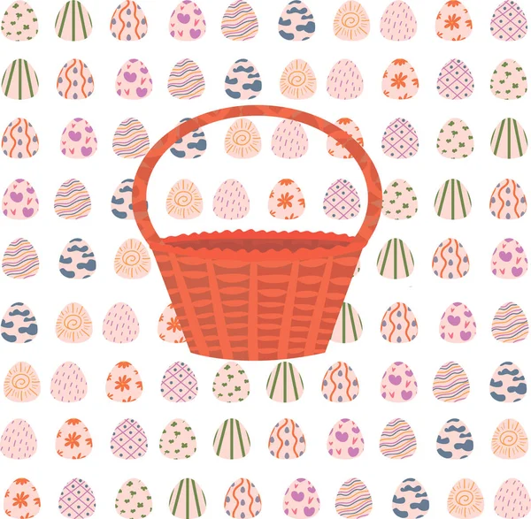 Paskalya yumurtaları ile desen. Hasır sepet. Yumurta arkaplanı. Kutsal Paskalya. Ambalaj kağıdına basmak için dekorasyon. Duvar kağıdı. Yazdır