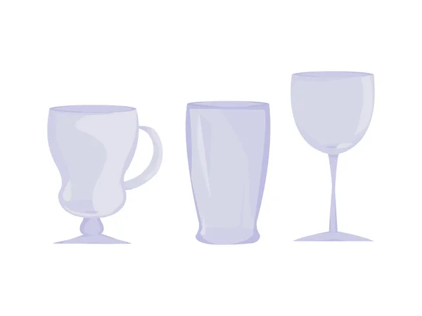 Üç farklı bardak seti: normal, sıcak şarap ve ince saplı bir bardak. Ev eşyaları. Mutfak servisi. Şeffaf malzeme. Çeşitli ev eşyaları. vektör