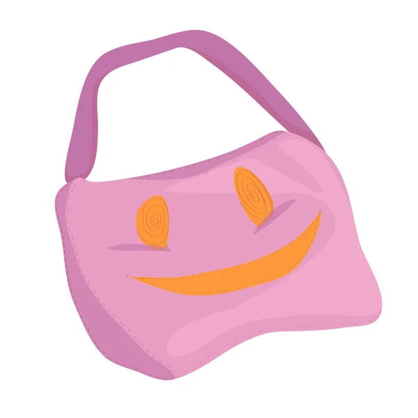 İşlemeli ağzı ve gözleri olan komik mor bir çanta. Piknik çantası ya da okul çantası. Çocuk aksesuarları, oyuncaklar. vektör