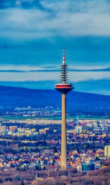 FRANKFURT AM MAIN, GERMANY, February 16 2020: The Europaturm or Tower of Europe is a 337,5 metre high telecommunication tower in Frankfurt am Main, Germany. clipart
