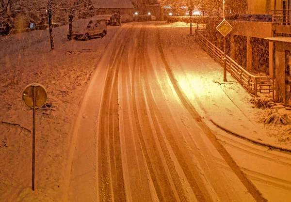 Banjaluka Bosnia Herzegovina February 2018 Tire Tracks Empty Street Heavy — Stock Photo, Image