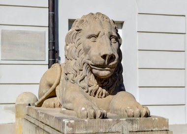 SAVAŞ, POLAND, Nisan 06 2018: Polonya 'nın Varşova kentindeki başkanlık sarayının önünde aslan heykeli.