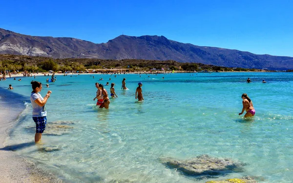 Crete Görögország Augusztus 2016 Emberek Fürdenek Türkiz Víz Elafonissi Strand — Stock Fotó