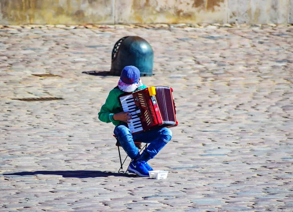 Warsaw Poland April 2018 Little Musician Playing Accordion Castle Square — Stock Photo, Image
