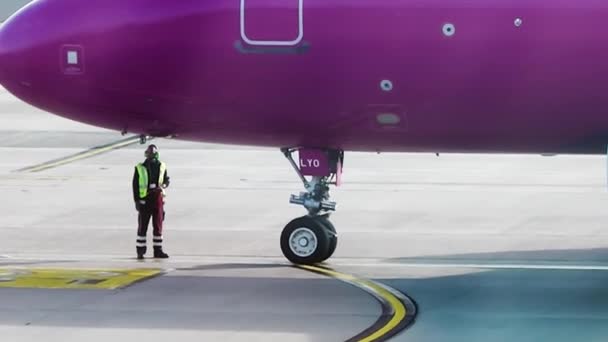 Charleroi Belgium Kasım 2018 Bir Yer Personeli Wizz Hava Uçağından — Stok video