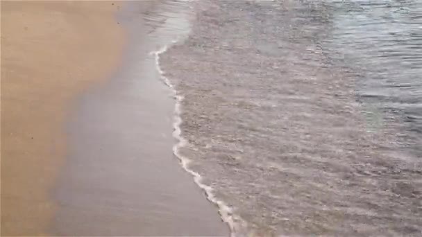 海の波は 地中海での夏の時間帯に背景に風の音と空の黄金の砂のビーチを飛び散らせます — ストック動画