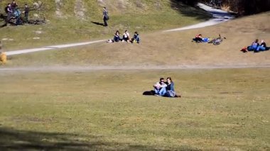 MUNICH, Almanya, Münih 'teki en popüler park olan İngiliz Bahçesi' nde güneşli kış gününde piknikte olan gençler..