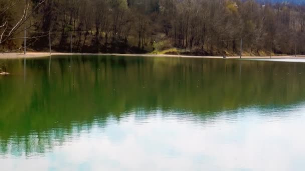 Lugnt Vatten Fjällsjö Omgiven Skog Och Natur — Stockvideo