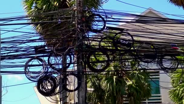 Bunch Messy Vires Connected Telecommunications Electrical Pillar Phuket Thailand — Stock Video