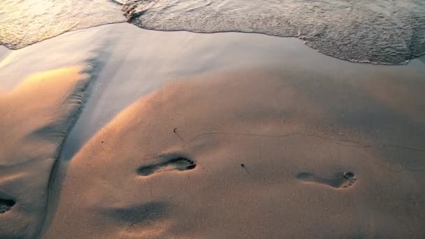 Passos Areia Praia Molhada Salpicada Com Mar Durante Pôr Sol — Vídeo de Stock