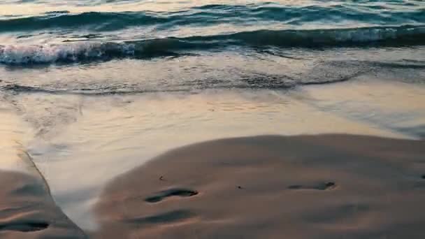 Pasos Los Pies Playa Húmeda Arena Salpicada Mar Atardecer — Vídeos de Stock