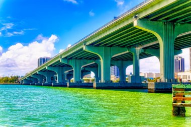 MIAMI, FLORIDA, ABD, 1 Mayıs 2019: Miami, Florida, ABD 'de deniz körfezi üzerinden geçen karayolu üzerinden havadan görüş.