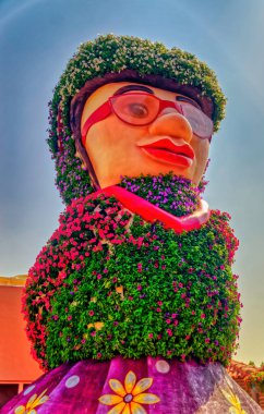 DUBAI, BAE, Kasım 05 2019: Dubai, Birleşik Arap Emirlikleri 'nde bulunan Mucize Bahçesi içinde çiçeklerle süslenmiş bir şekil nesnesi.