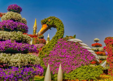 DUBAI, BAE, Kasım 05 2019: Dubai, Birleşik Arap Emirlikleri 'nde bulunan Mucize Bahçesi içinde çiçeklerle süslenmiş bir şekil nesnesi.