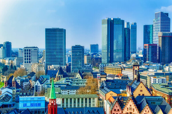 FRANKFURT AM MAIN, GERMANY, March 23 2019: Aerial view over financial district of Frankfurt am Main, Germany.
