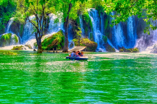 Kravice Waterfalls Bosnia Herzegovina June 2019 Tourists Small Boat Water — Stock Photo, Image