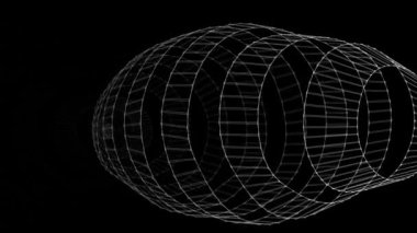 Çeşitli döndürme ve animasyonlara sahip birçok kablo çerçeveli silindirden oluşan dijital tünelin animasyonu.