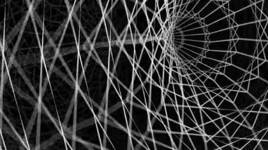 Çeşitli döndürme ve animasyonlara sahip birçok kablo çerçeveli silindirden oluşan dijital tünelin animasyonu.