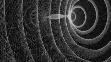 Çeşitli döndürme ve animasyonlara sahip birçok kablo çerçeveli silindirden oluşan dijital tünelin animasyonu.