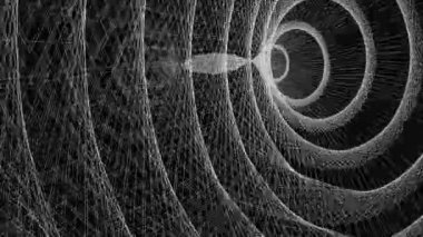 Çeşitli döndürme ve animasyonlara sahip birçok kabloyla çevrili silindirlerden oluşan dijital tünellerin ve yüzen ağların animasyonu.