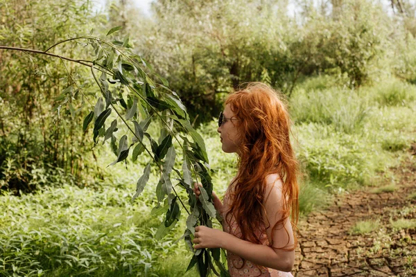 Red Haired Girl Swimsuit Walks Green Jungle — Stock Photo, Image
