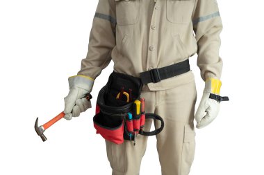 Alet kemeri beyaz arkaplanda izole edilmiş yakın çekim Elektrikçi üniforması