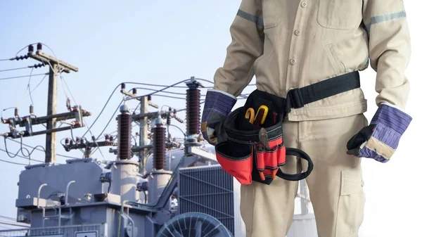 Närbild Elektriker Uniform Med Verktyg Bälte Isolerad Vit Bakgrund — Stockfoto