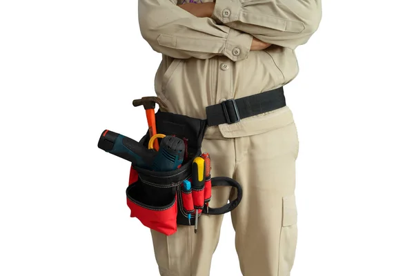 Gros Plan Uniforme Électricien Avec Ceinture Outils Isolée Sur Fond — Photo