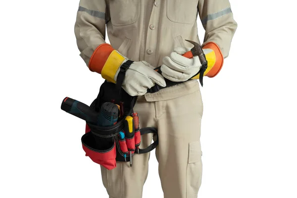 白の背景に分離されたツールベルト付きのクローズアップ電気技師の制服 — ストック写真