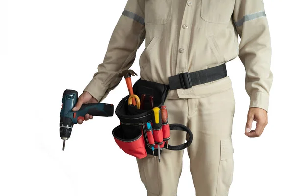 Gros Plan Uniforme Électricien Avec Ceinture Outils Isolée Sur Fond — Photo