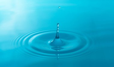 Yakın plan mavi su damlaları beyaz arkaplanda izole edildi.