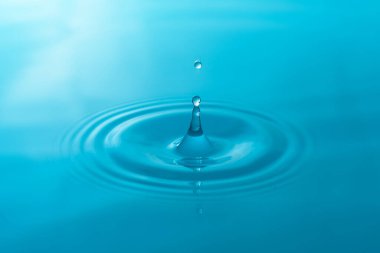 Yakın plan mavi su damlaları beyaz arkaplanda izole edildi.