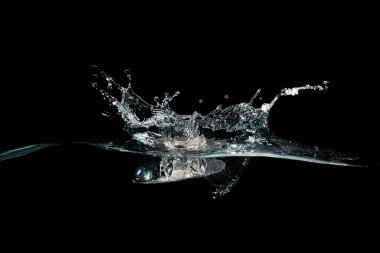 Su dalgalarının kapanması ve siyah arkaplanda izole edilmiş kabarcıklar..