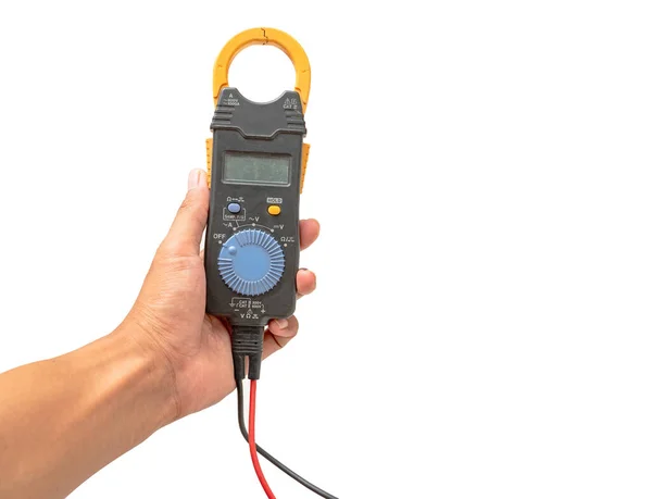 Närbild Hand Hålla Multimeter Isolerad Vit Bakgrund — Stockfoto