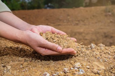 Genç eller ve kuru toprak. Doğal konsept.