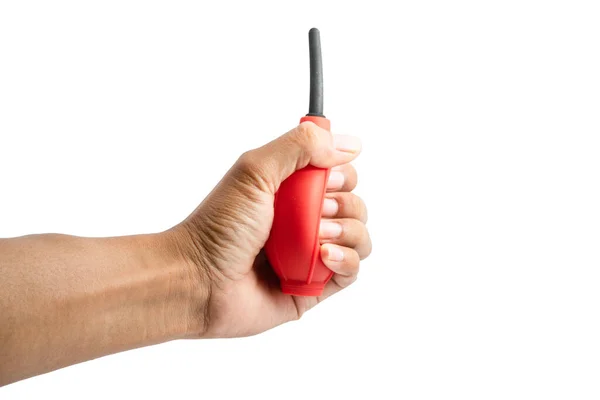 Hand Holding Air Blowers Camera Cleaners Isolated White Background — Stock Photo, Image