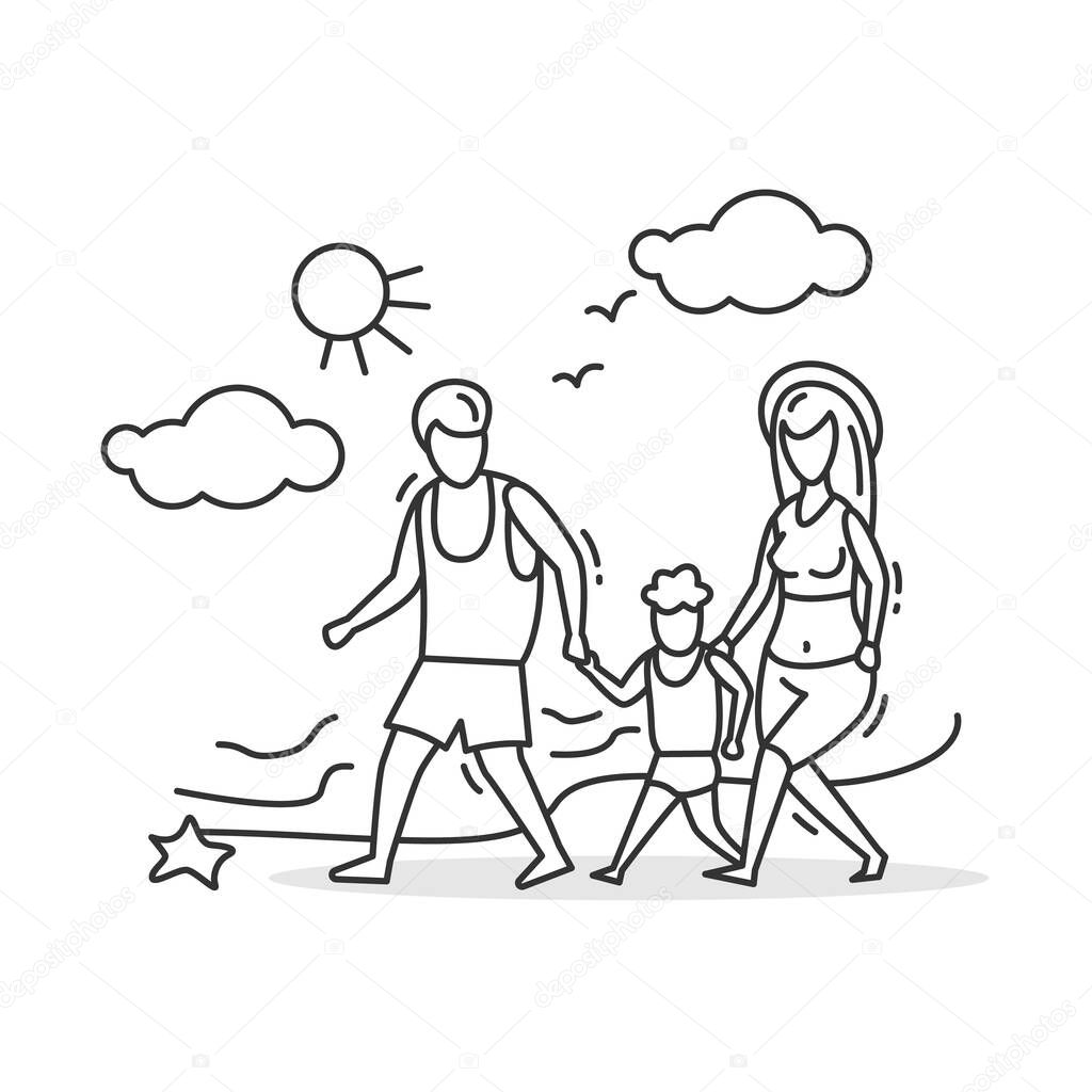 Family walk icon. Strolling along seashore. Thin line simple vector illustration