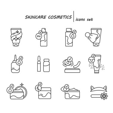 Cilt kozmetik ikonları ayarlandı. Yüz bakımı rutin Kore ürünleri. Basit vektör illüstrasyonu