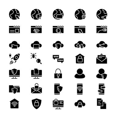 Web hizmetleri sembol simgeleri. İnternet taraması, mobil güvenlik ve veri transferi düz vektör çizimleri