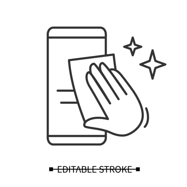 Smartphone disinfection icon. Hand wiping mobile phone with cleaning cloth vector illustration — Stock Vector