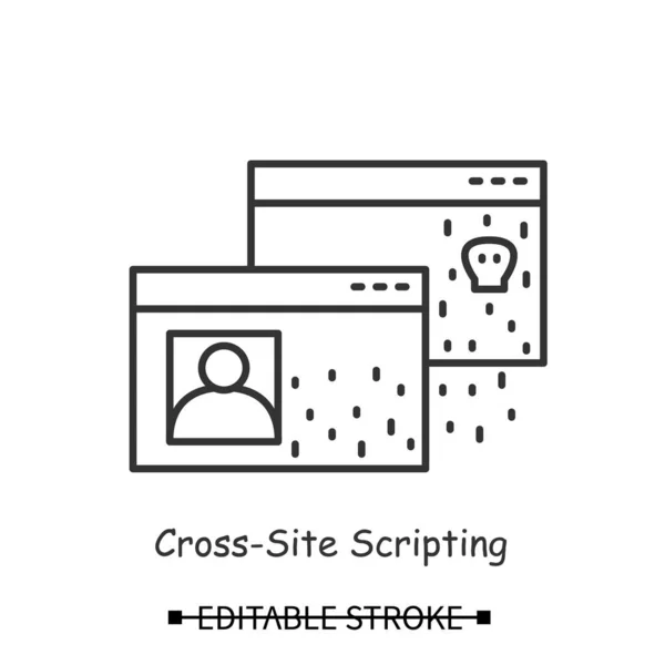 Ikona škodlivé webové stránky. Cross site skriptování hacker útok jednoduché čáry vektorové ilustrace — Stockový vektor