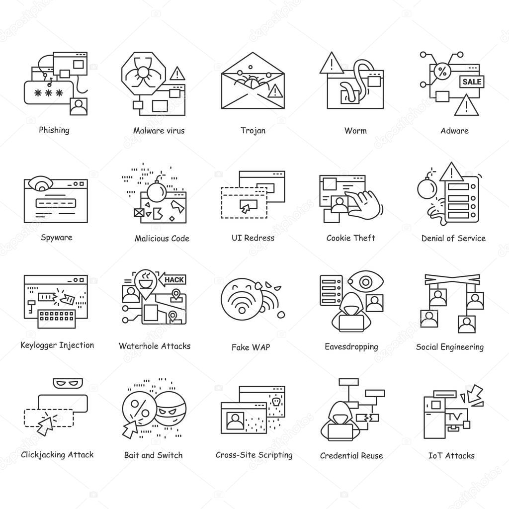 Hackcers icons set. Cyber security and crime technology simple line vector illustrations