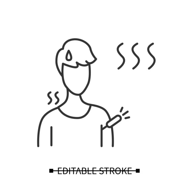Icono de fiebre alta. Persona con temperatura corporal elevada y termómetro simple ilustración vectorial — Vector de stock