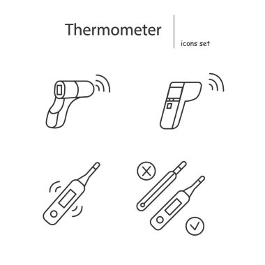 Termometre simgeleri ayarlandı. Kablosuz silah dijital vücut ısısı ölçüm cihazı vektör çizimleri